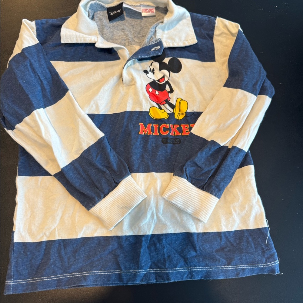 Zara Blue and White Striped Mickey Mouse Long Sleeve Tee